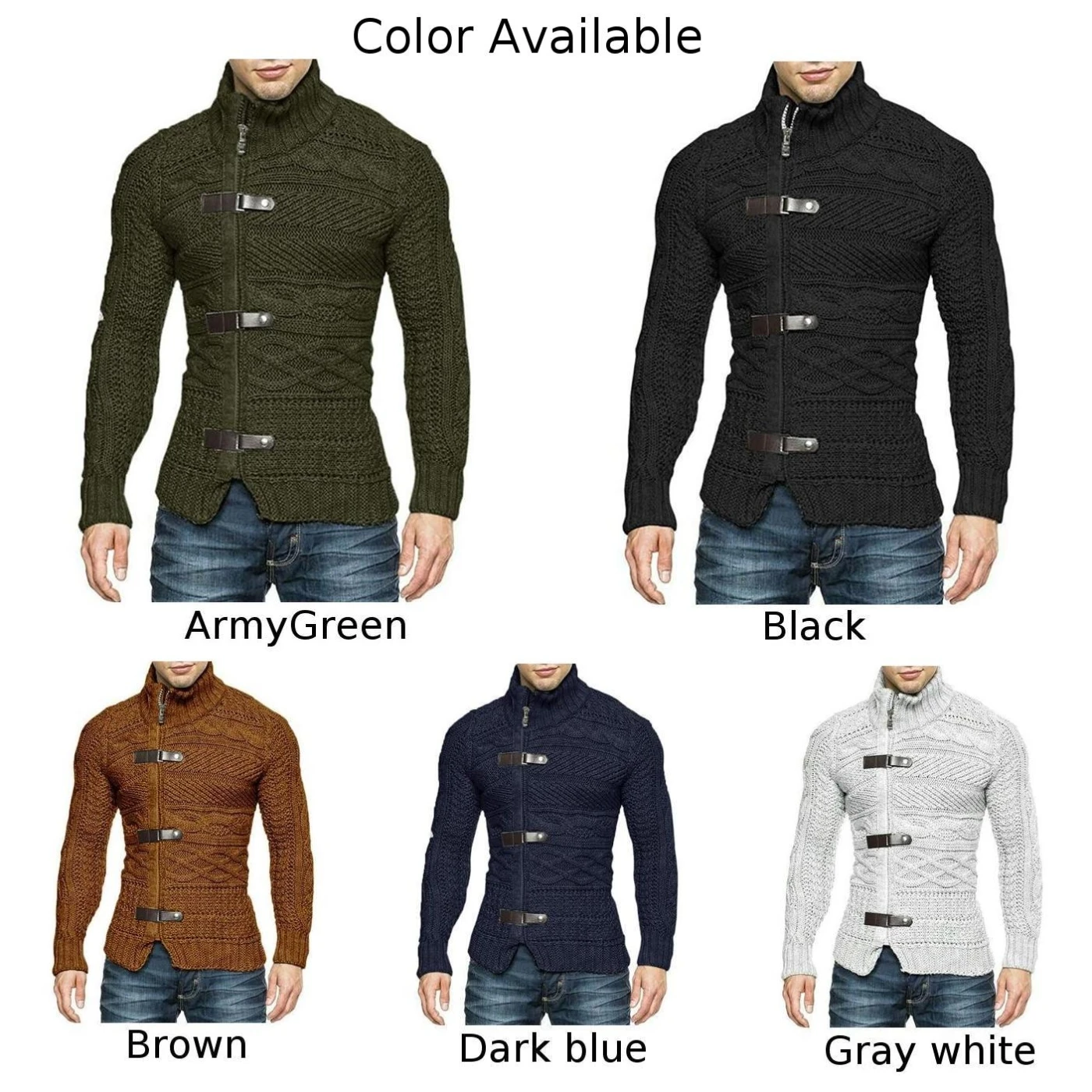 Men's Autumn Winter High Collar Sweater Cardigans Zip Up Cable Knitted Cardigan Turtleneck Sweater Coat Knitwear Jacket