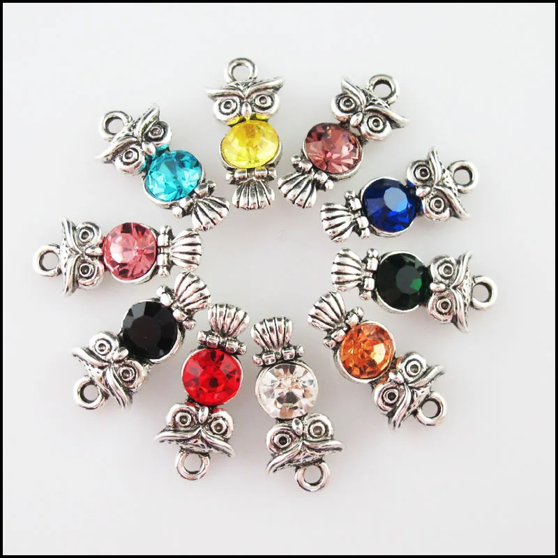 

10Pcs Mixed Crystal Antique Silver Color Animal Owl Charms Pendants 10.5x22mm