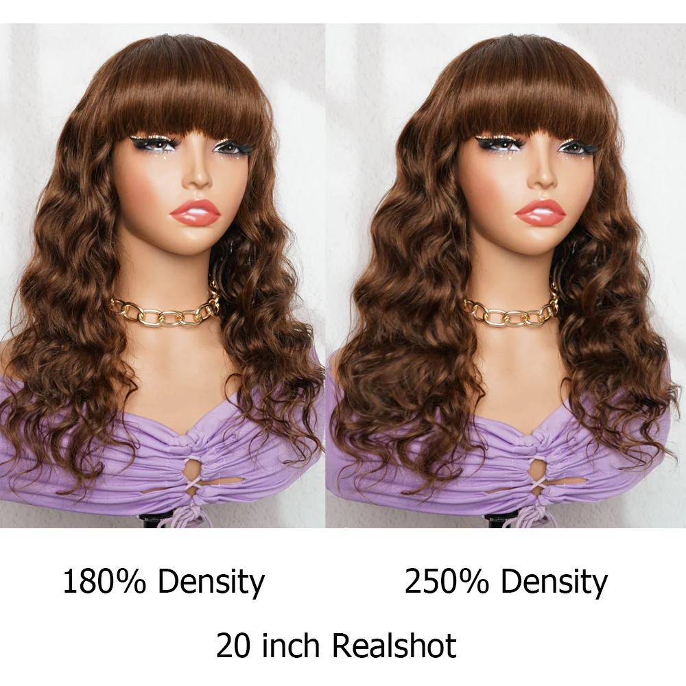 Human Hair Wigs with Bang Romance Curl Loose Wave Full Wig Brown Machine Made Non Lace Wig with Fringe Bobbi