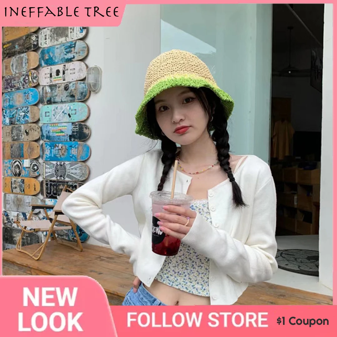 

2022 Summer Straw Crochet Bucket Hat Women's Foldable Panama Cap UV Sun Cap Gradient Breathable Straw Hat Vacation Beach Gorra