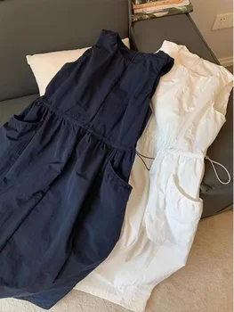 Loose Casual Women's Dr Summer 2026 New Korean Sle Dstring Waistl Svel Vest Skirt A-Line Midi round Ne 1