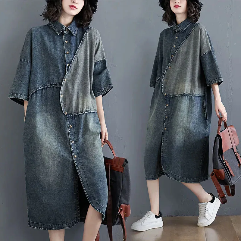 

Oversized Women Shirts Denim Dress Spring Summer Korea Casual Patchwork Paste Cloth Cardigan Dresses Five cent sleeve Dresses