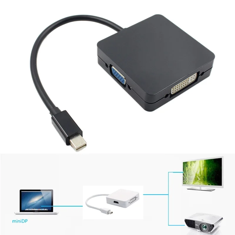 맥북 에어용 미니 DP 케이블 컨버터, 미니 DP 디스플레이 포트-HDMI 호환 VGA DVI 어댑터, 3 in 1