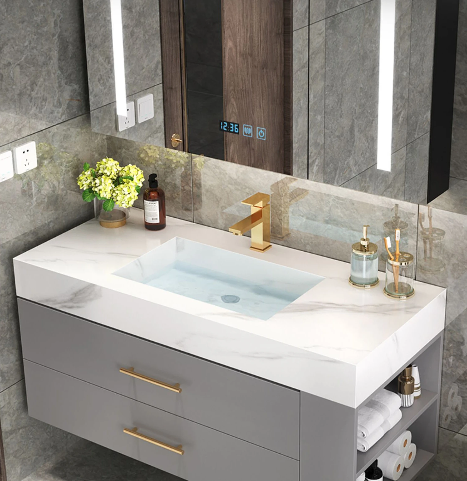 

Modern luxury rock slab seamless ceramic integrated basin bathroom cabinet combination bathroom washbasin sink