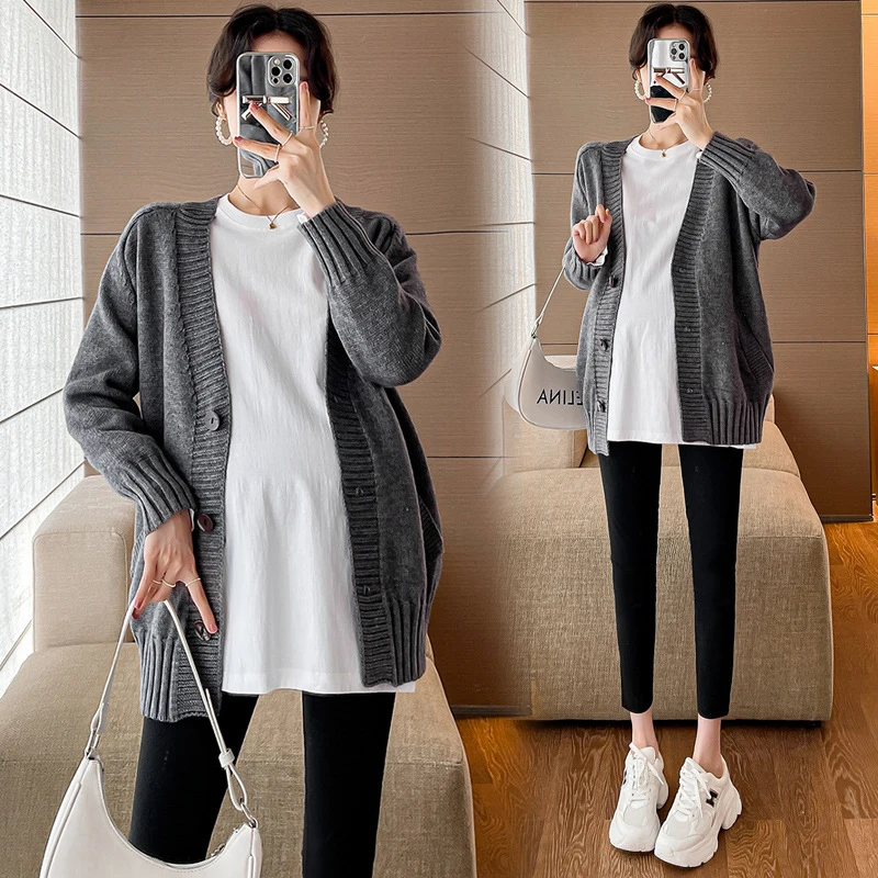 Slim Large Pregnant Women's Cardigan Coat+T-shirt Top Solid Color Classic Simple Maternity Suits Elegance Fashion Two Piece Sets