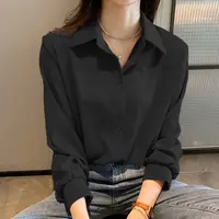 Chemises noires en mousseline de soie pour femmes, couleur unie, manches longues, mode coréenne, chemisier Simple, vêtements féminins, nouvelle collection printemps 1