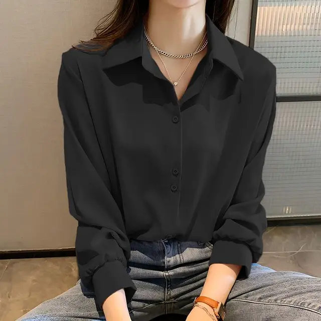 Chemises noires en mousseline de soie pour femmes, couleur unie, manches longues, mode coréenne, chemisier Simple, vêtements féminins, nouvelle collection printemps 1