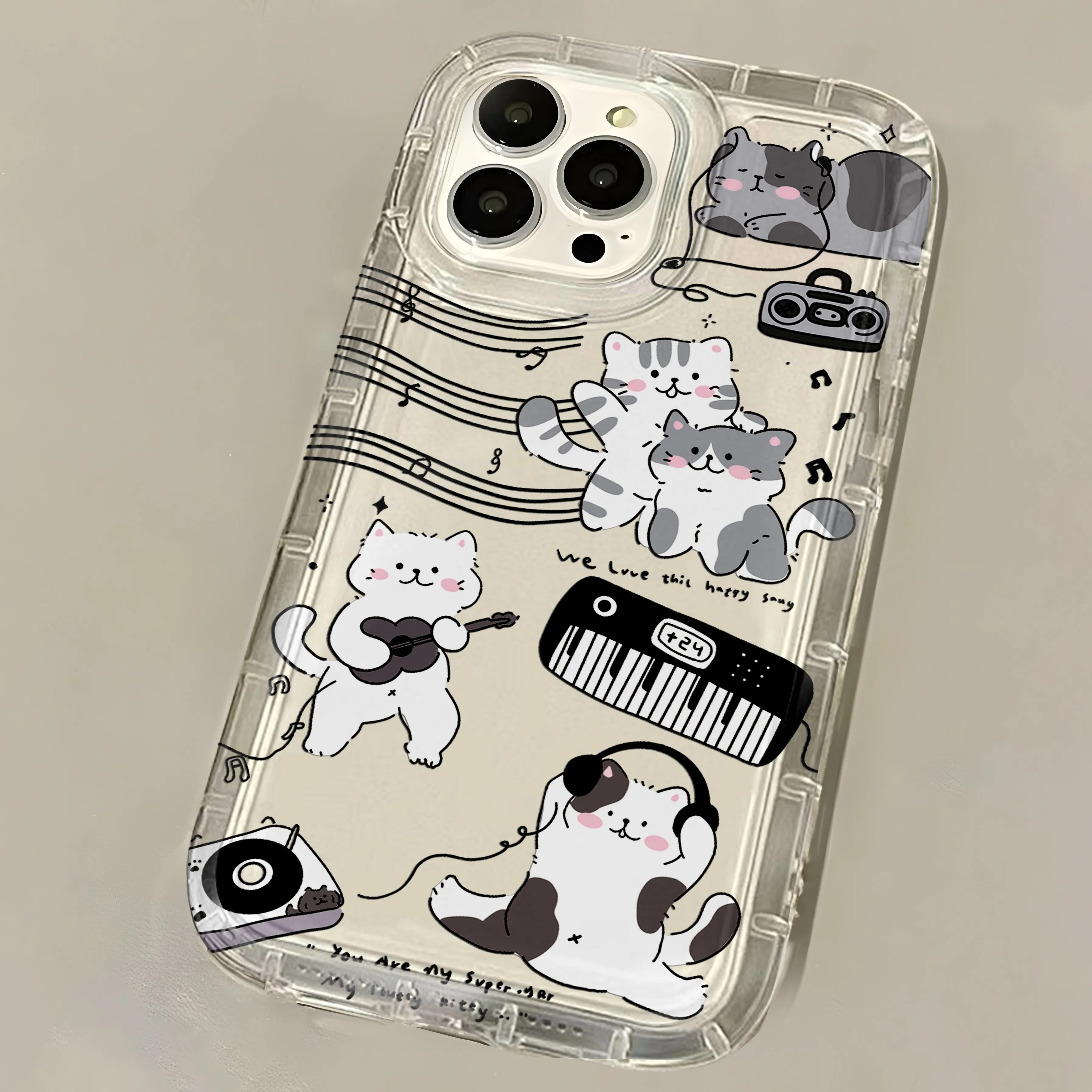 Black Guitar Music Cat Transparent Phone Case