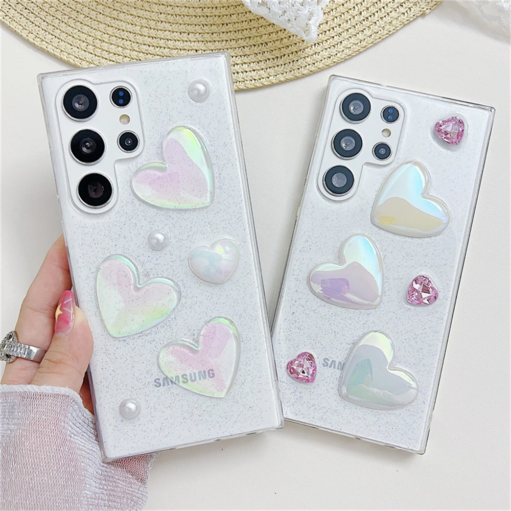 Coque de téléphone transparente avec cœur diamant 3d et perles_voghion.com
