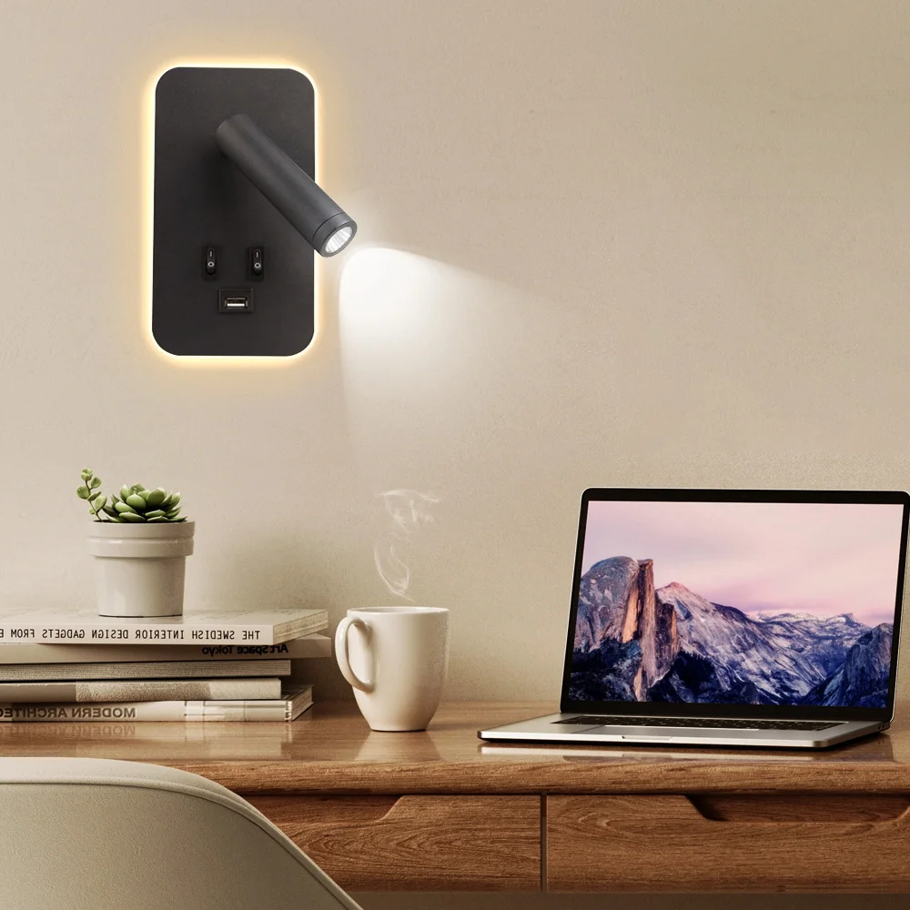 Bedside Wall Lamp LED with USB Charging Port For Kitchen Table Office Living Room Wall Mounted Reading Light Home Spotlights Led