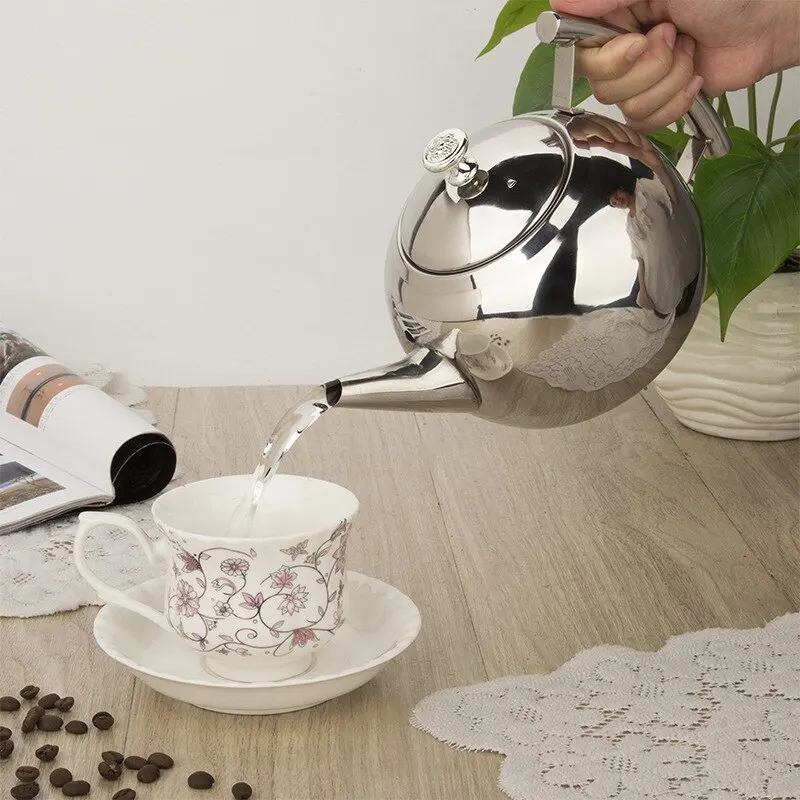 Description Picture 3 of item1.5L Thickened Stainless Stee Teapot With Tea Leaf Filter Infuser Home Hotel Coffee Pot Restaurant Silver Color Kettle Tea Pot