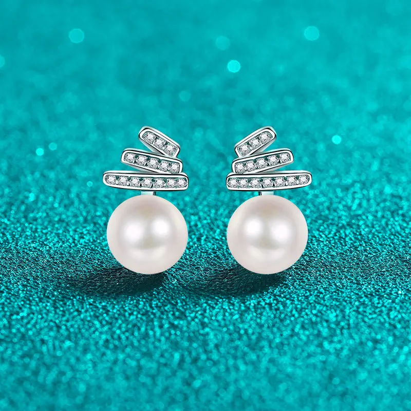 S925 Sterling Silver Freshwater 9mm Pearl Moissanite Earrings