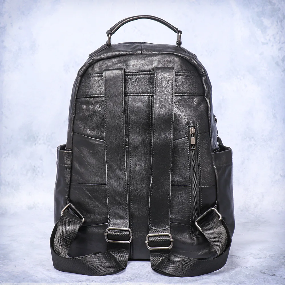 Men's Full-Grain Leather Backpack Slim Black Cowhide Laptop Bag for Office & Campus