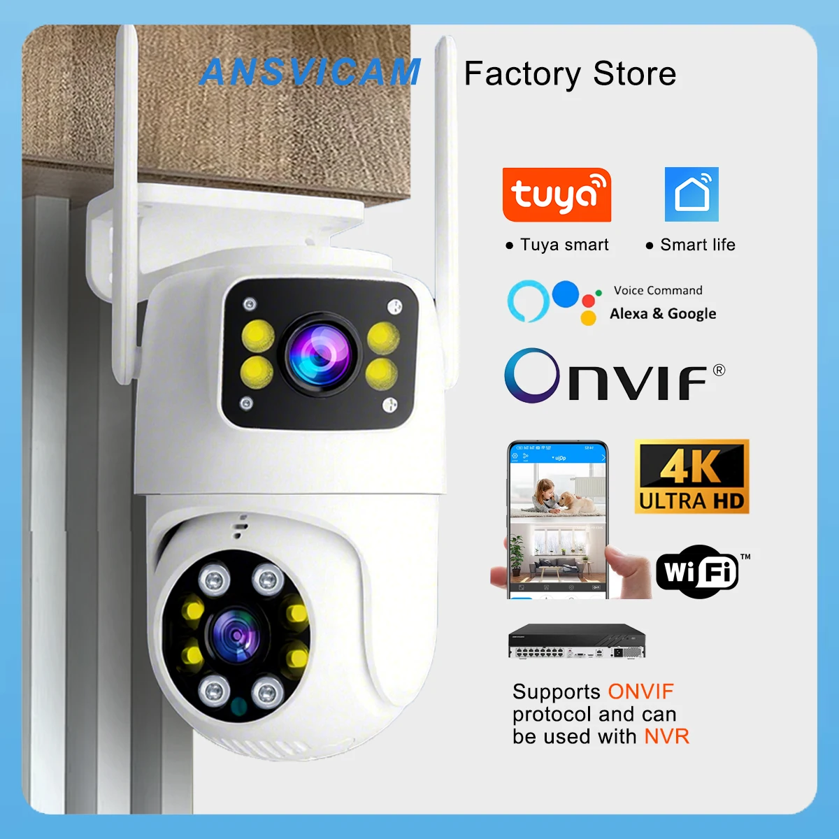 ANSVICAM 4K 8MP Tuya Smart Wifi IP Camera Work with Onvif NVR Duan Lens PTZ Outdoor Camera AI Auto Tracking IR Night Vision Cam 1