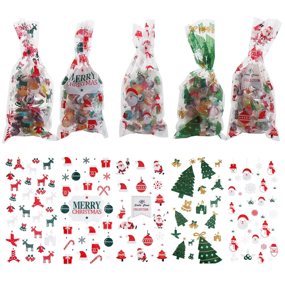 

50PCS Plastic Snowflakes Santa Claus Gifts Box Biscuit Bags Xmas Candy Bags Candy Treat Bag Merry Christmas