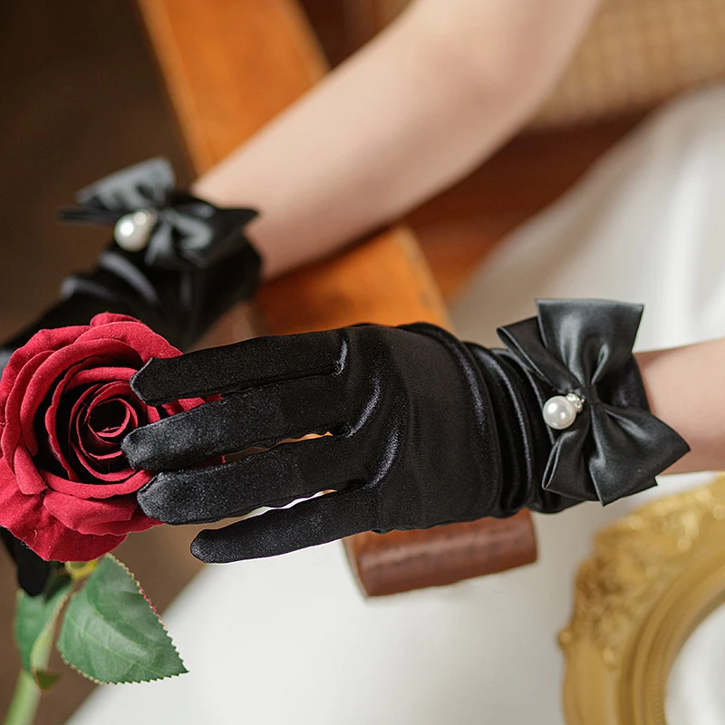 1 Pair Bride Short Gloves Elegant Bow Knot Pearl Pendant for Wedding Opera Dinner Party Elastic Satin Tea Party
