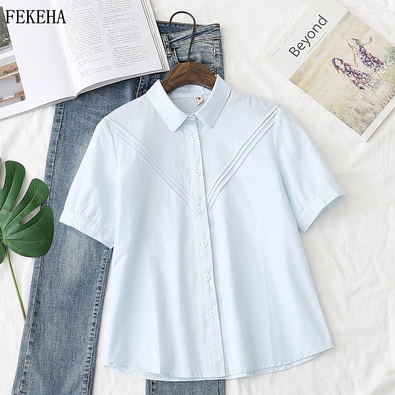

Summer Women White Shirts Short Sleeve Folds Blouses Blue Girls Lady Tops Female Clothes College Style