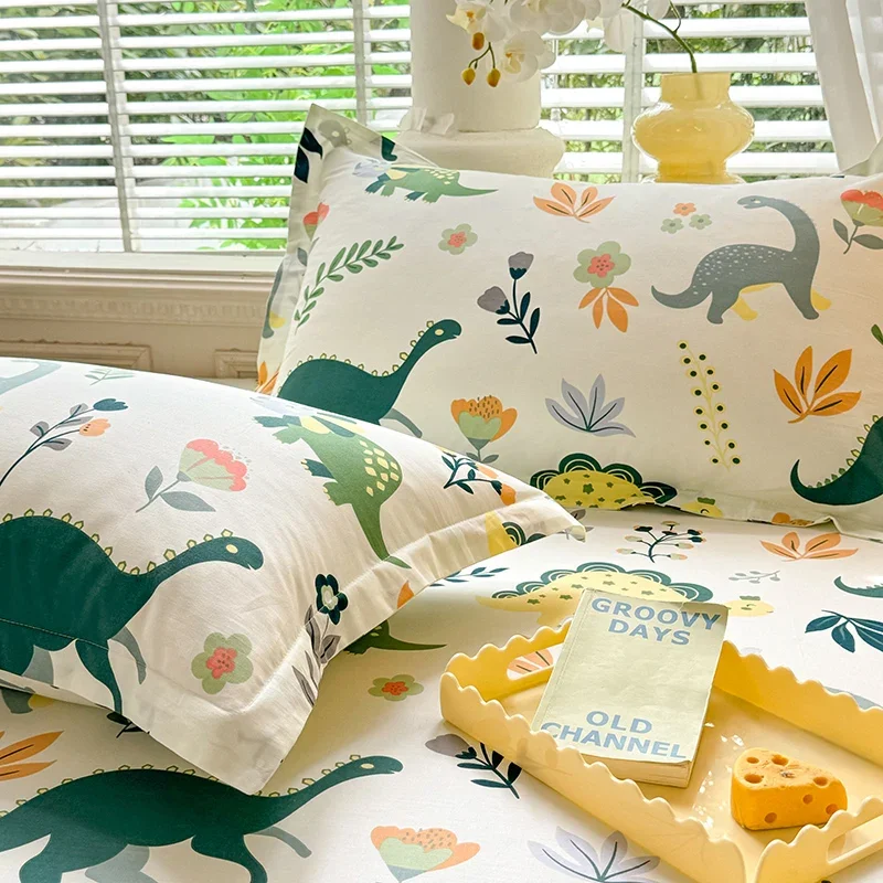 Cartoon Dinosaurs Fitted Sheet Set 3Pcs Cotton Kawaii Mattress Cover Wild Animal Flower Leaf Bedding Set for Boys Girls Adult 6