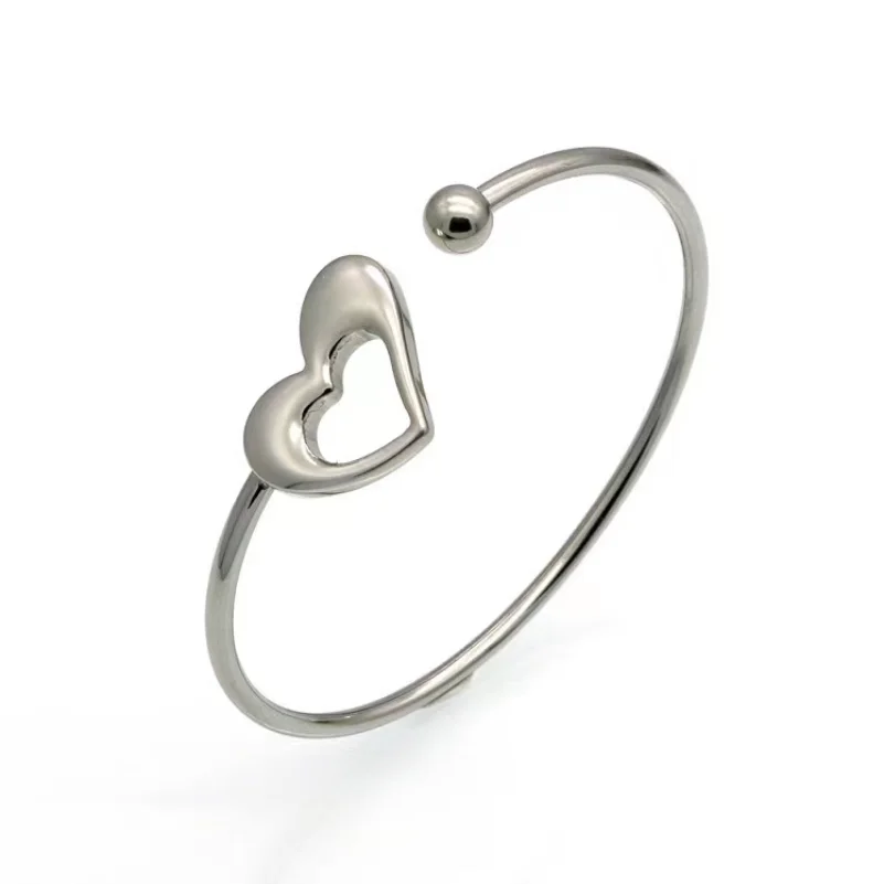 

Double Heart Stainless Steel Cuff Bangle Simple Style Korean Version of The Female Opening Through The Love Bracelet Jewelry