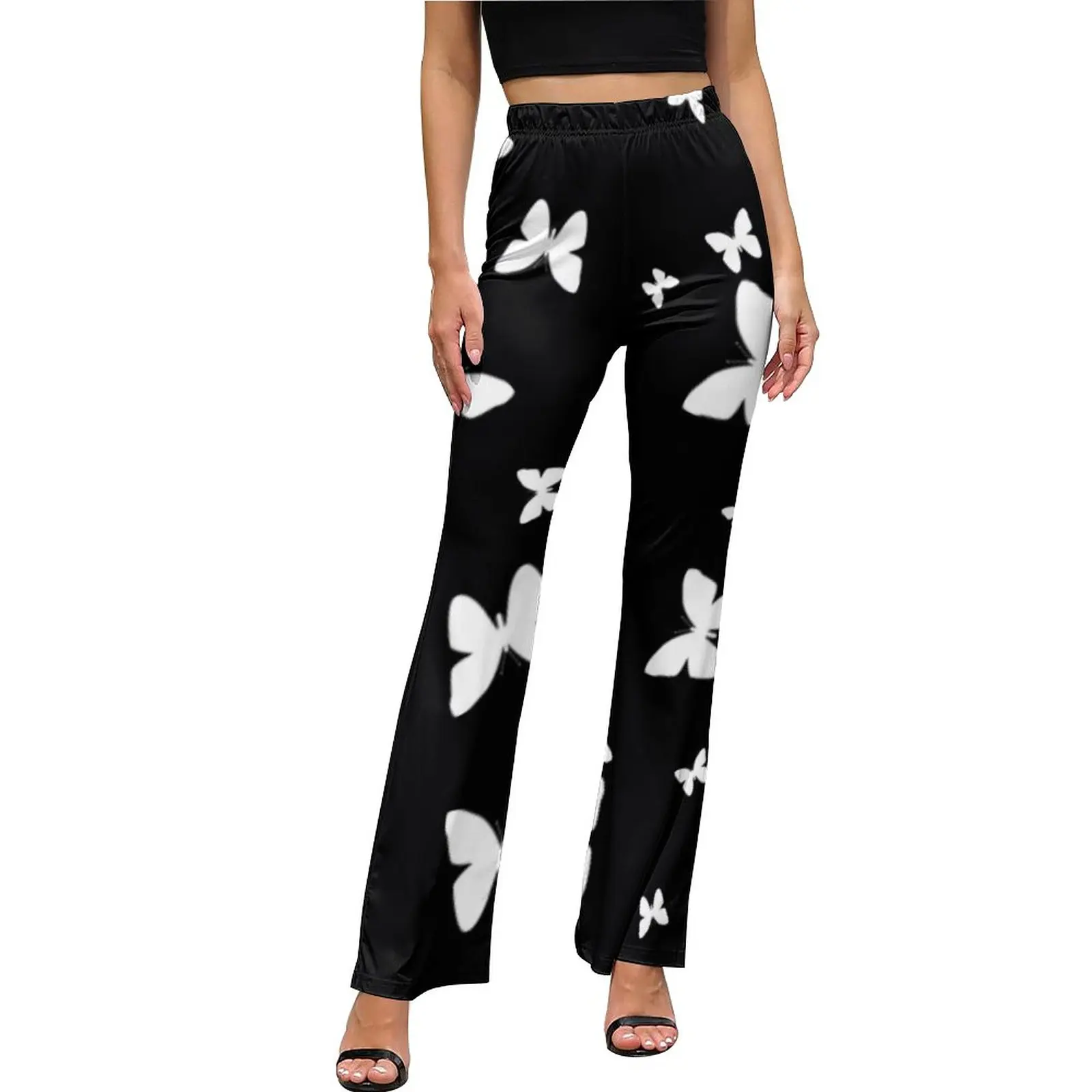 Butterfly Pattern Pants Elastic Waist Black White Butterflies Sexy