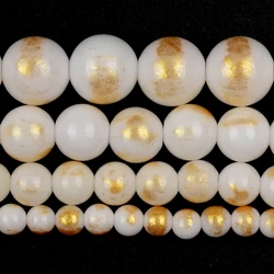 White Red Gold Plated Jade Round Natural Stone Beads for Jewelry Making and DIY Accessories (White)