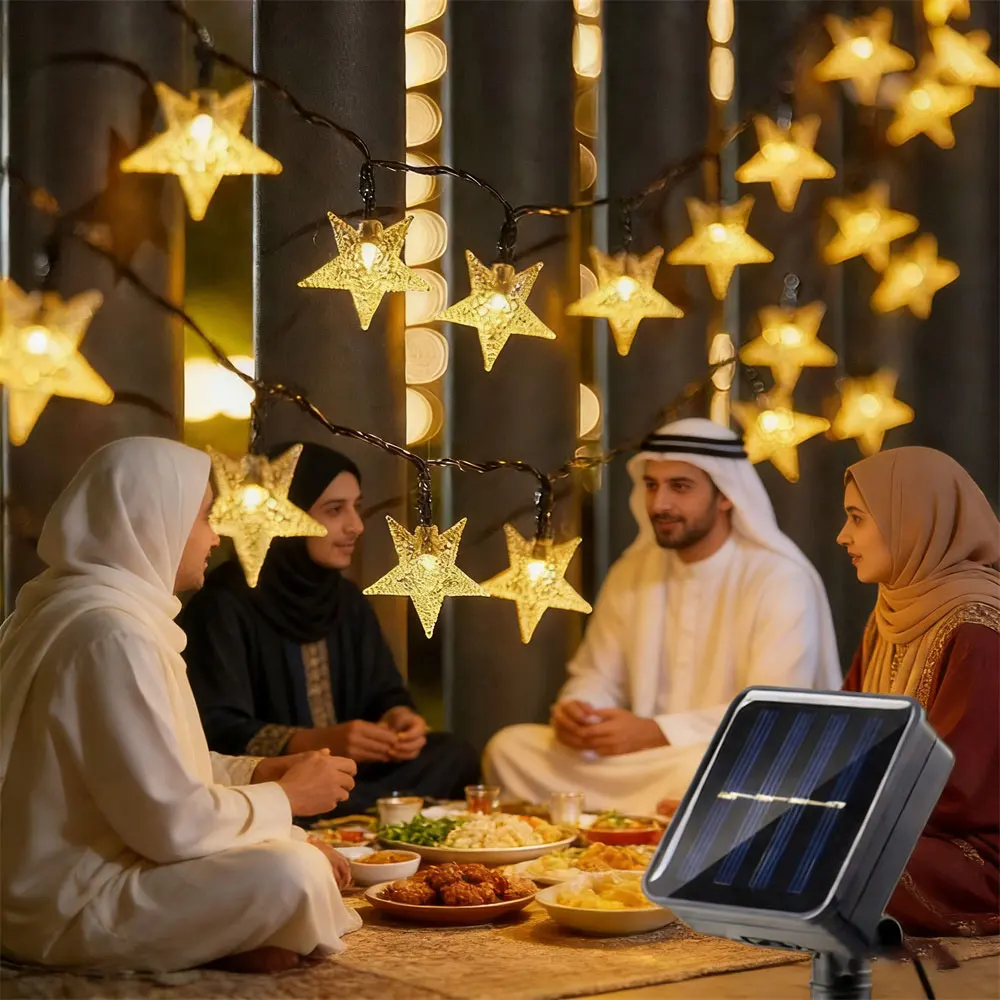 Outdoor LED Star String Light 5m/7m/12m Solar Garland Lamp for Garden Eid Mubarak Wedding Party Muslim Ramadan House Decoration