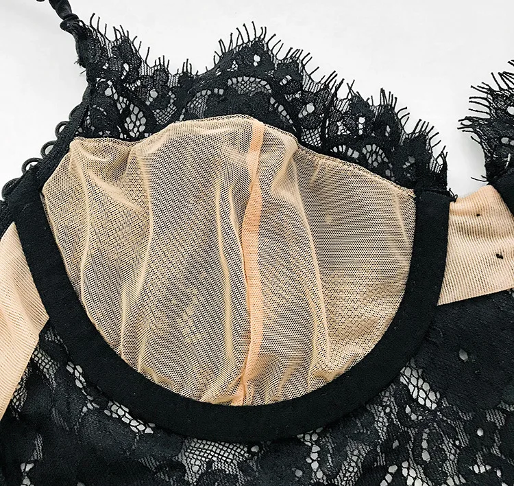 TECHOME Sexy Eyelashes Bra and Panties Set Lace Satin Bra Women's Briefs Push Up Fashion G-String Seamless Shorts_voghion.com