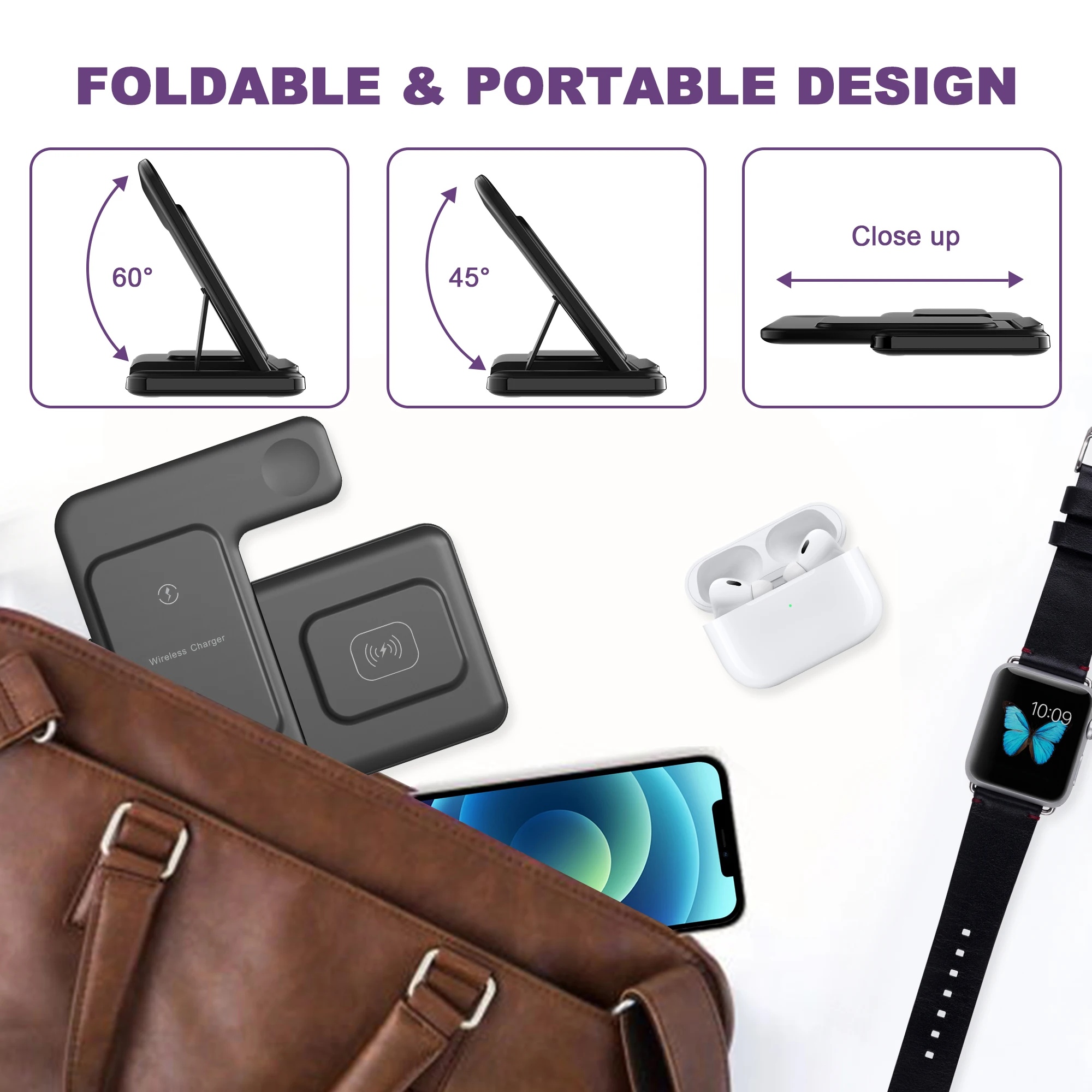 3 in 1 Wireless Charger Stand For iPhone 14 13 12 11 Max Fast Foldable Charging Station Dock For Apple Watch 8 7 6 AirPods Pro 3