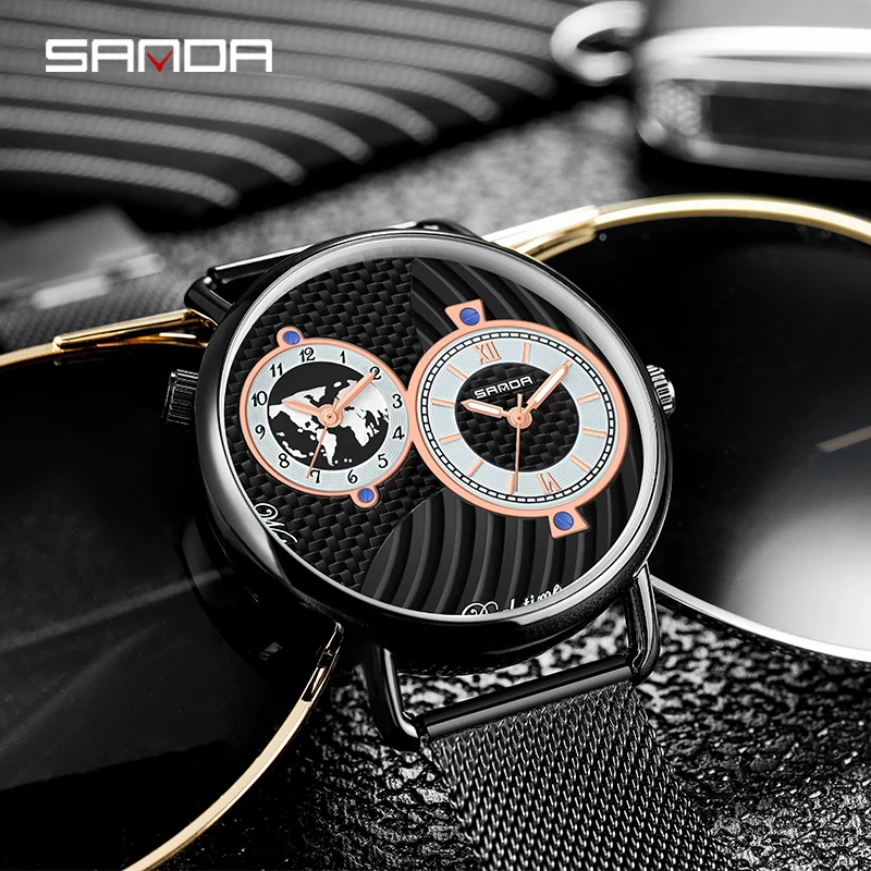 SANDA Men Luxury Statement Quartz Watch Fashion Six Hand Dial Slim Watches 30M Waterproof Mesh Strap Men Watch Gift Reloj Hombre
