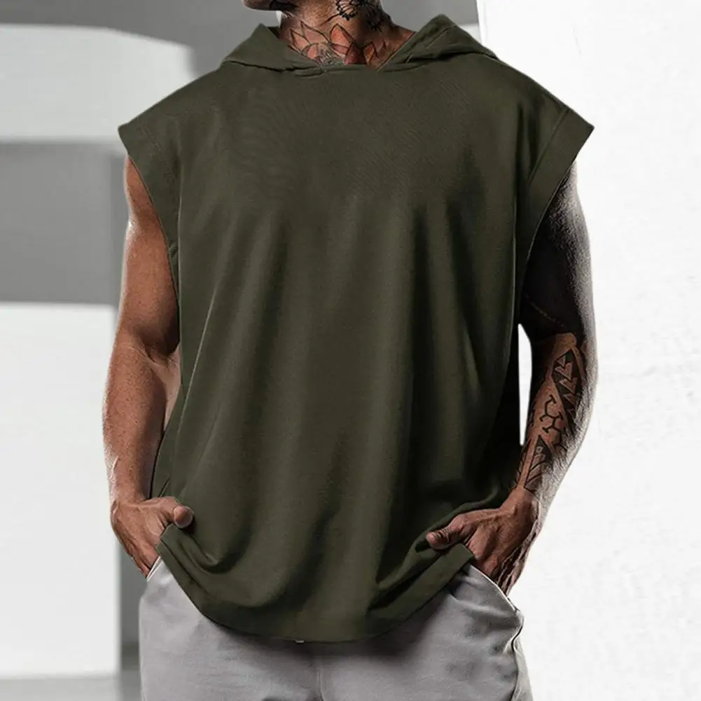 Men Hooded Tank Top Summer Hooded Tank Top Solid Color Sleeveless Loose Comfortable Men Top For Gym