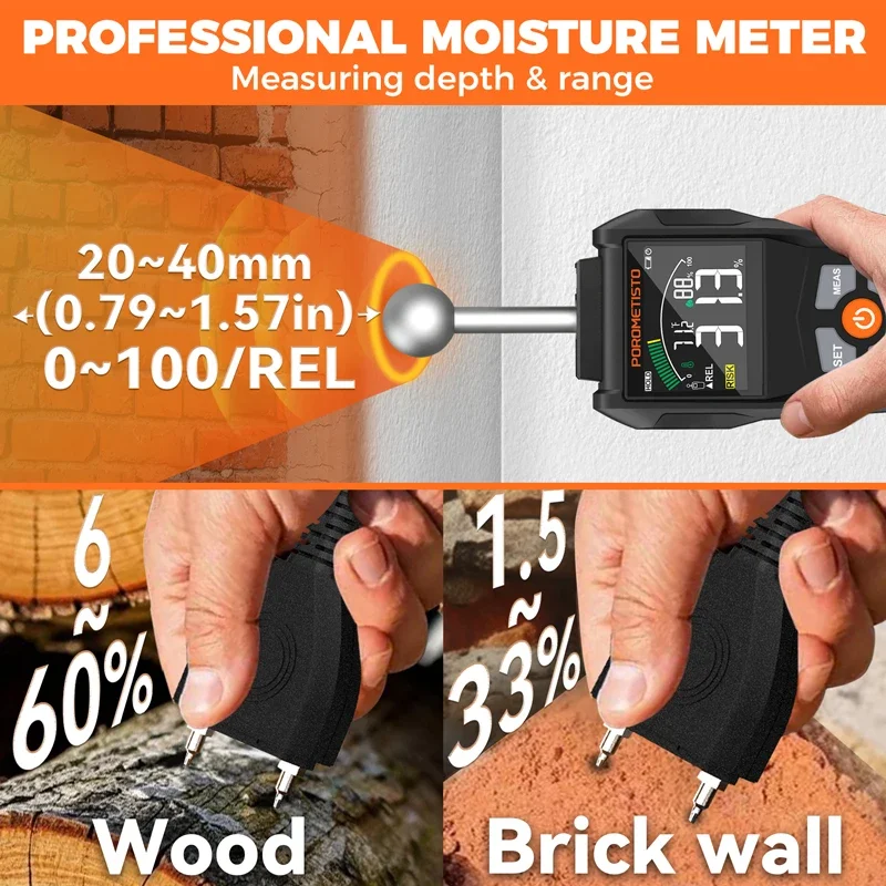 2-in-1 Digital Wood Moisture Meter Hygrometer Pin&Pinless Timber Damp Detector Alarm Auto Detect Humidity Tester Moisture Detect
