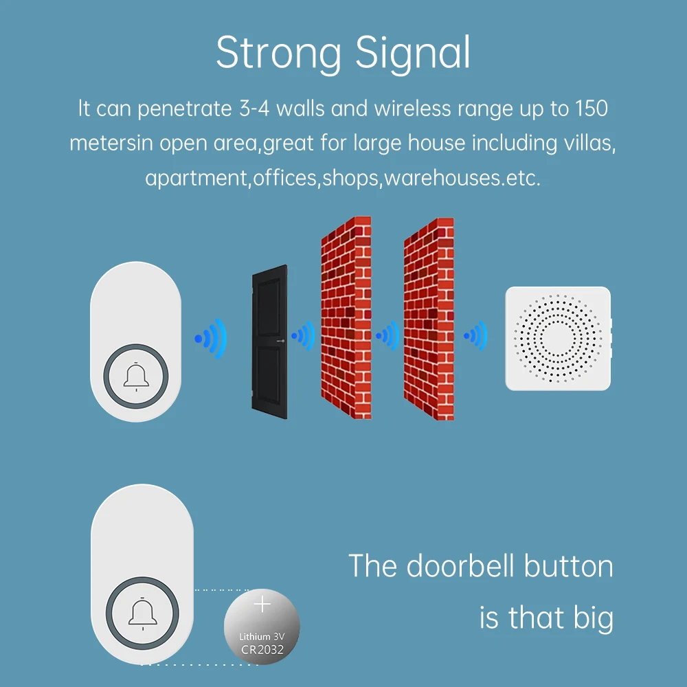 Wireless Doorbell Long-Distance 150M 38 Melody Safety Alarm CR2032 Battery Powered