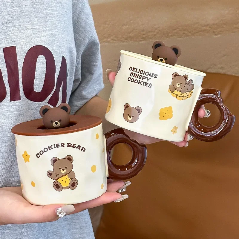 

Kawaii Cookie Bear Coffee Cup With Lid And Handle Ceramic Mug Home Office Breakfast Oat Milk Water Cup Couple Drinkware