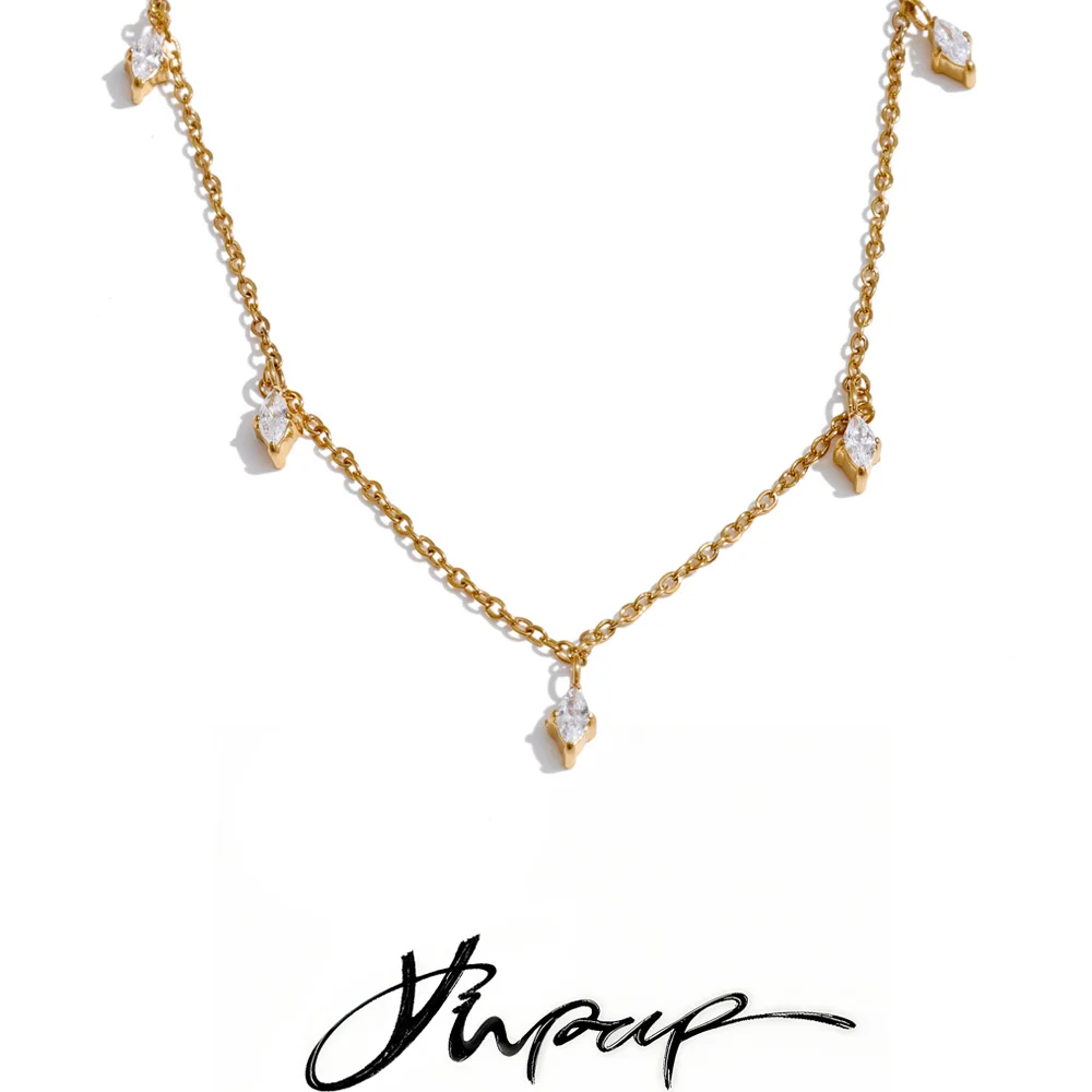 Yhpup Stainless Steel Rhombus Cubic Zirconia Necklace Korean Fashion Jewelry