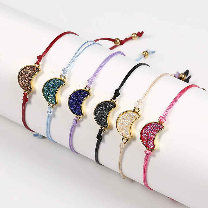 

6pcs/set Handmade Woven Rope Chain Bracelet Set Moon Druzy Charms Bracelets For Women Fashion Elastic Cuff Jewelry Adjustable