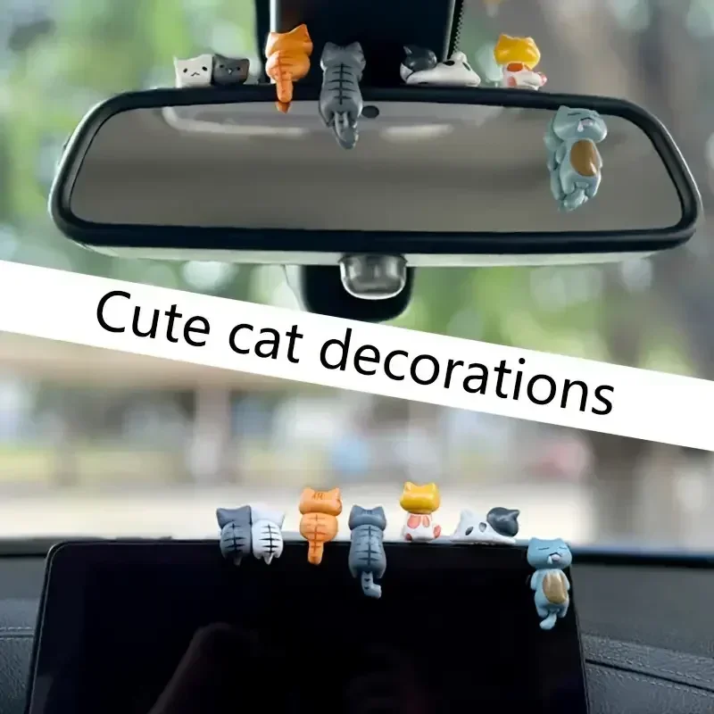 6/12pcs Cute Mini Cat Ornament Car Center Console Decoration Ornaments Auto Dashboard Rearview Mirror Decoration Car Accessories