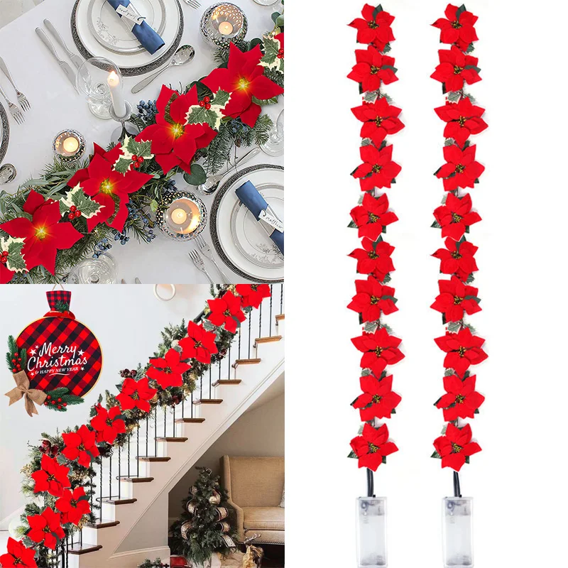 2/3/4m Christmas Poinsettia Garland Artificial Flower Xmas String Light Indoor/Outdoor Holiday Decor Christmas 2023 Navidad Noel