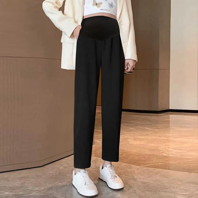Pregnant Woman Winter Belly Pants Thick Warm High Waist Ankle-length Corduroy Trousers with Fleece Maternity Straight Trousers 4