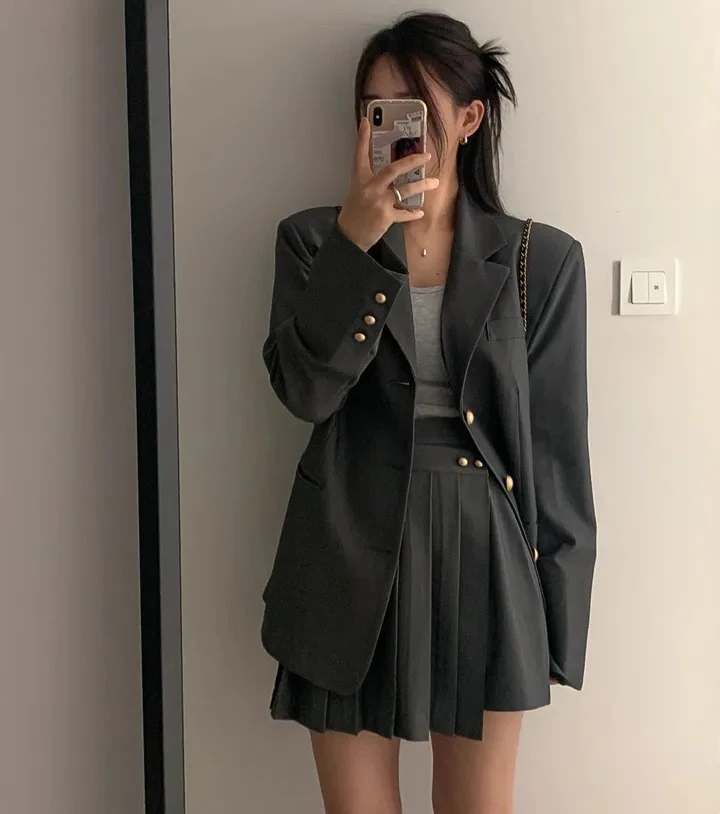 Korean Chic Two-piece Skirt Set Women Single Breasted Blazer Loose Jacket Solid Pleated Mini Skirt Autumn Office Lady Outfits