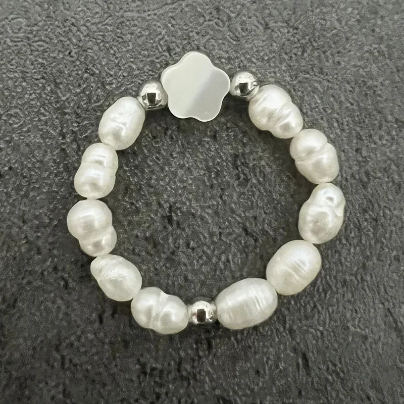 Elegant Freshwater Pearl & Stainless Steel Bead Stretch Ring for Women - Star & Heart Design, Perfect for Weddings & Special Occasions
