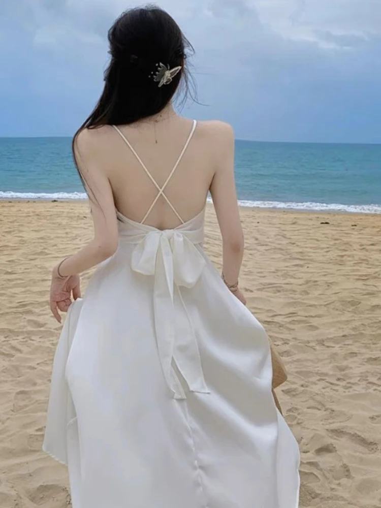 White Midi Dress Women Backless Elegant Sleeveless Lace-up