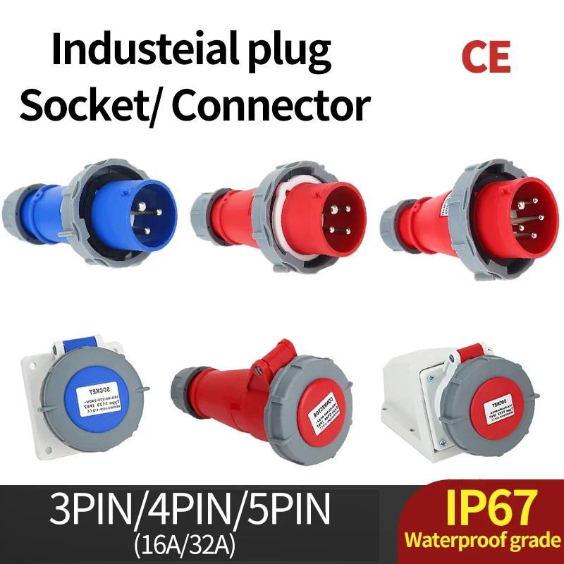 

Industrial Plug and Socket 3P/4P/5Pin Electrical Connector 16A 32A IP67waterproof Wall Mounted Socket MALE FEMALE 220V 380V