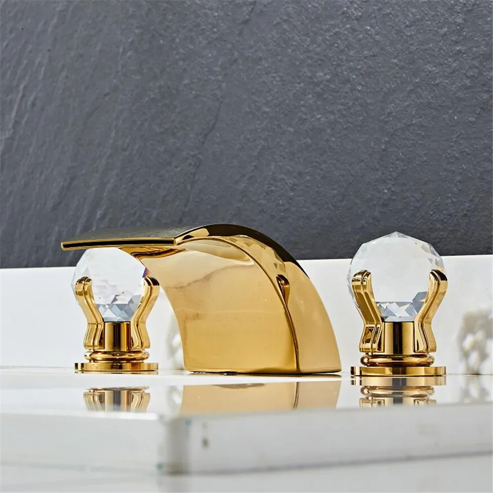 Description Picture 3 of itemGold Basin Faucet Brass Black Widespread Bathroom Crystal Sink Faucets 3 Hole Hot And Cold Waterfall Tap