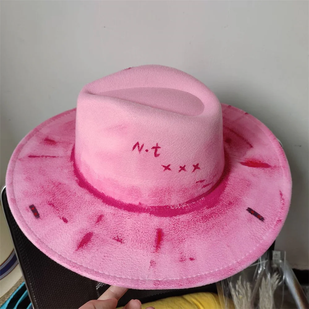 Pink painted hat retro suede fedora hat men and women fedora hat - Main Image