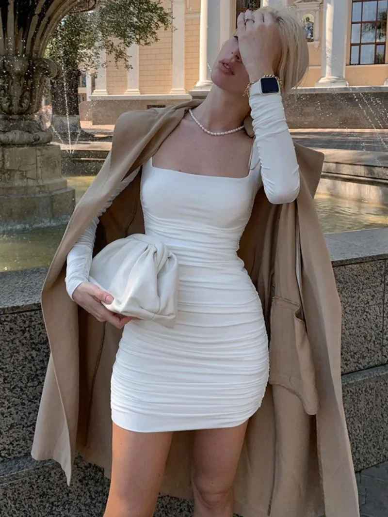 

Hot Sexy Square Collar Long Sleeve Folds Short Dresses for Women 2024 Spring Office Lady Elegant High Waist Bodycon White Dress