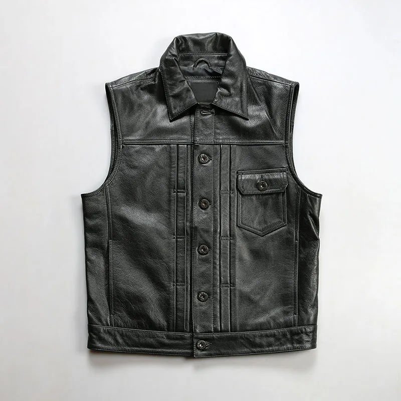 

Summer men's new product American Vintage 506 leather denim vest lapel multi-pocket May khaki tough guy style cowhide vest