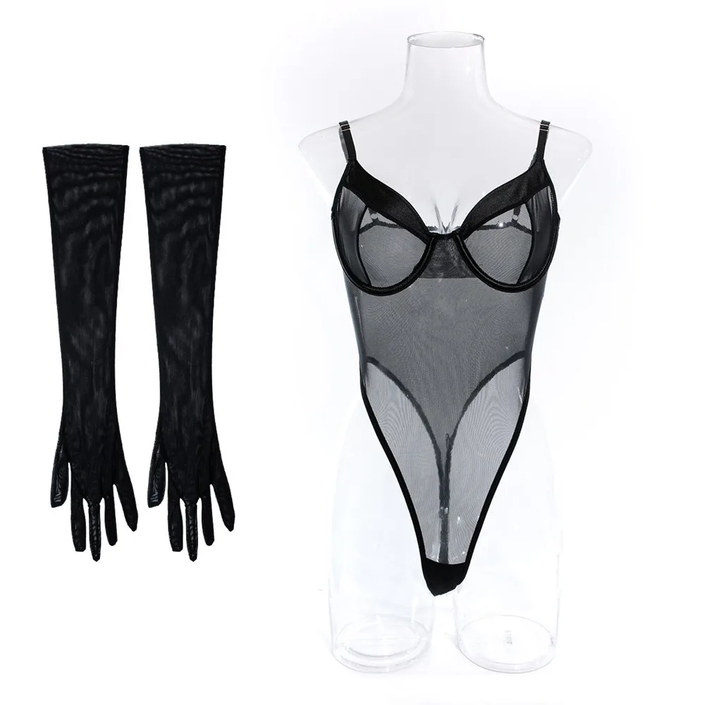 Sexy Lingerie Women Bodysuit Halter Backless Body-Shaping Tight Fitting Underwear With Gloves Black Naked Erotic Jumpsuit