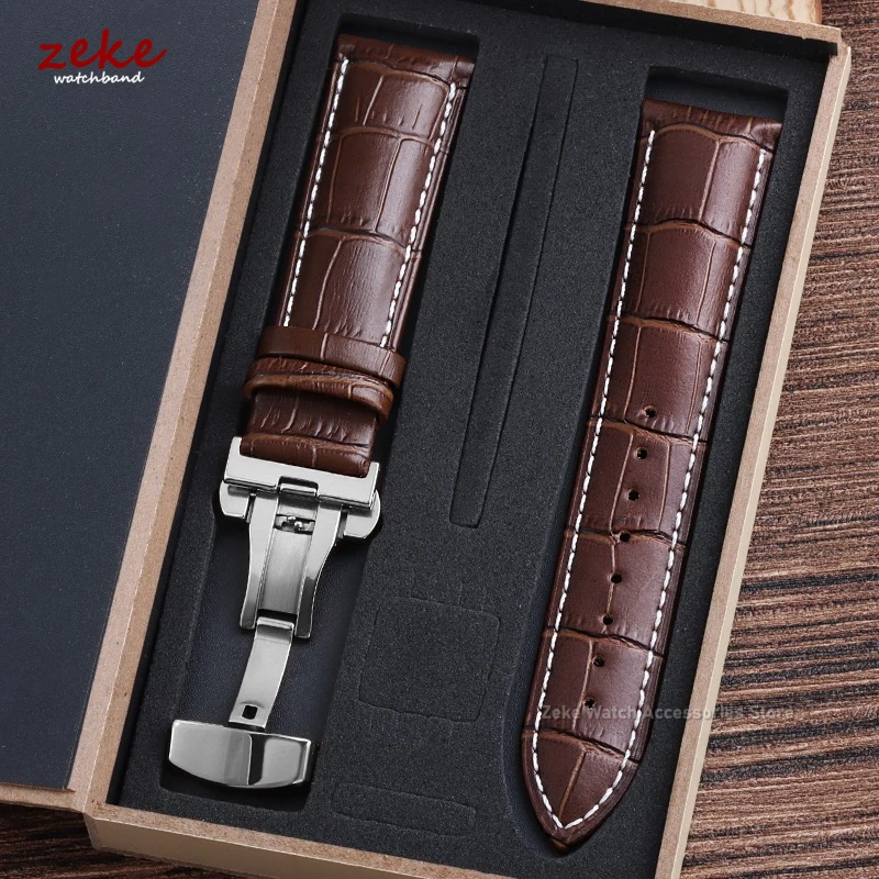 Elegant Genuine Leather Watch Band with Butterfly Clasp and Gift Box