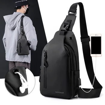 Waterproof High Density Nylon Man Chest Bag with USB Port Casual Travel Shoulder Crossbody Bag Fitness Hiking Cycling Backpack