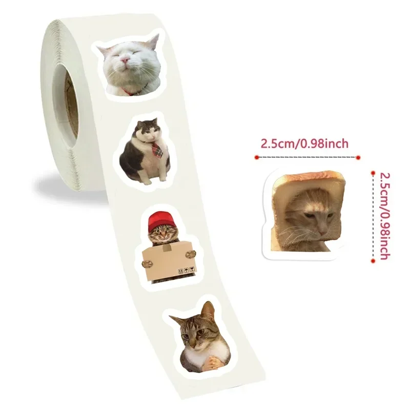 Roll of kawaii cat stickers arranged neatly on a surface